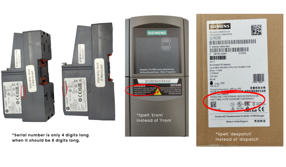 Examples of counterfeit Siemens industrial automation parts showing incorrect serial numbers and label errors compared to genuine components