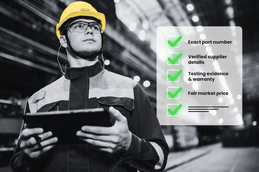 Industrial maintenance engineer with tablet reviewing automation spares checklist, ensuring safe sourcing of obsolete PLC parts and verified industrial equipment