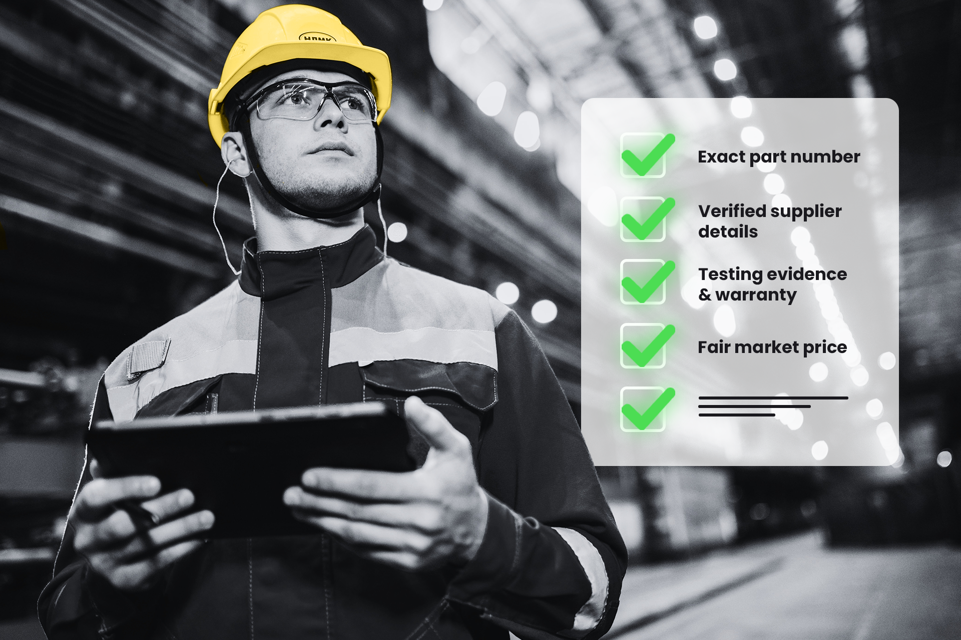 Industrial maintenance engineer with tablet reviewing automation spares checklist, ensuring safe sourcing of obsolete PLC parts and verified industrial equipment